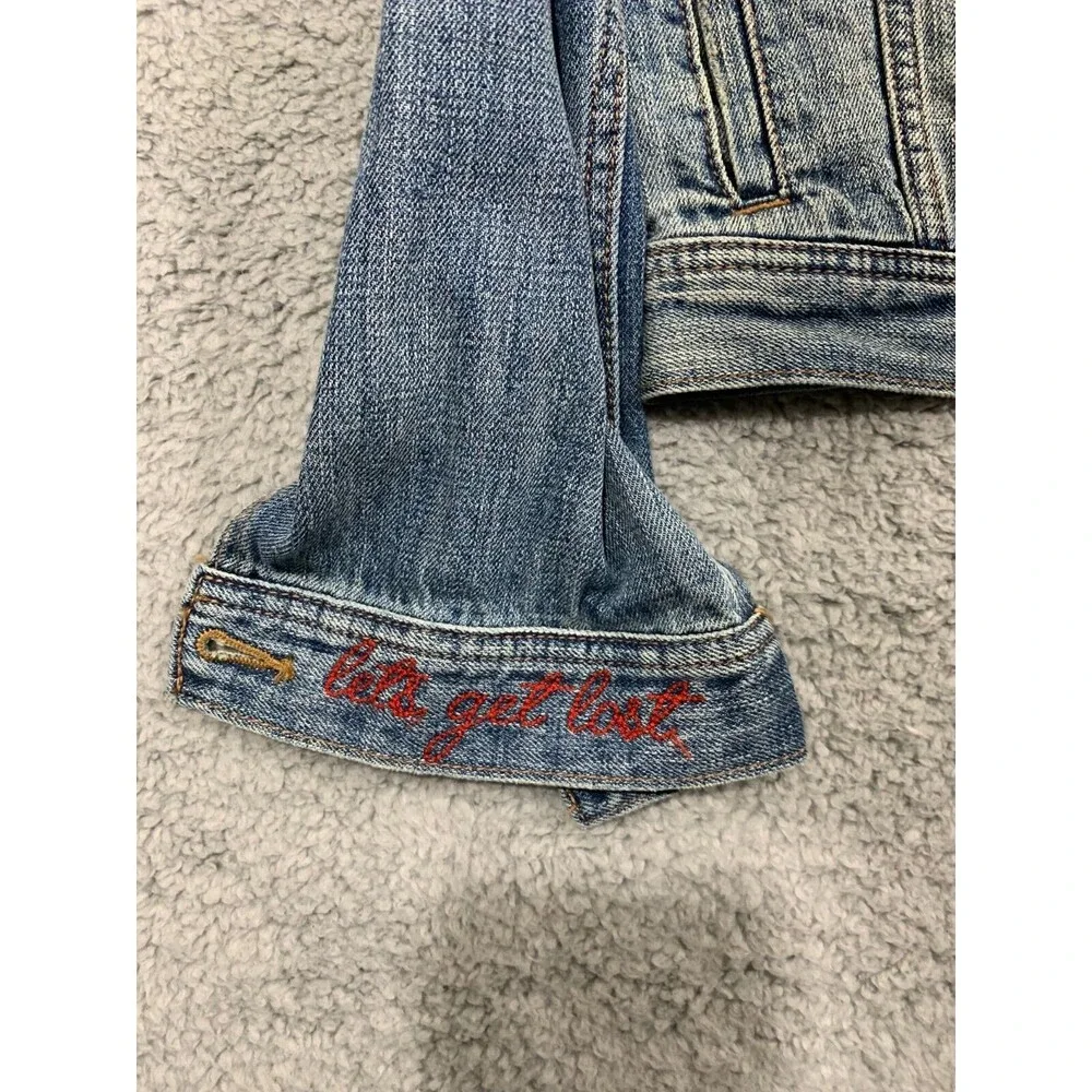 American Eagle (M) Blue Jean Denim Jacket Floral Wearable Art Distressed Pockets - Picture 5 of 16